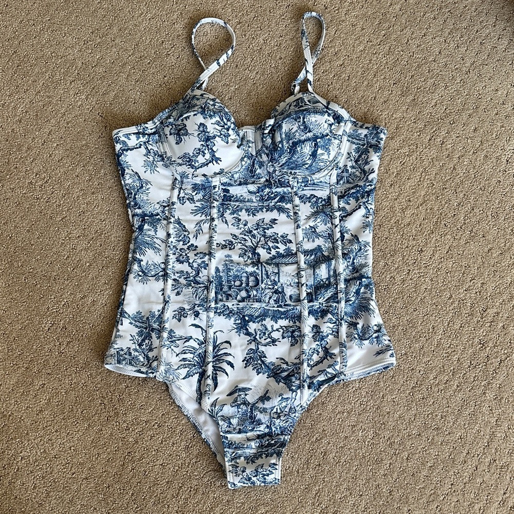 Blue and White Floral Swimsuit